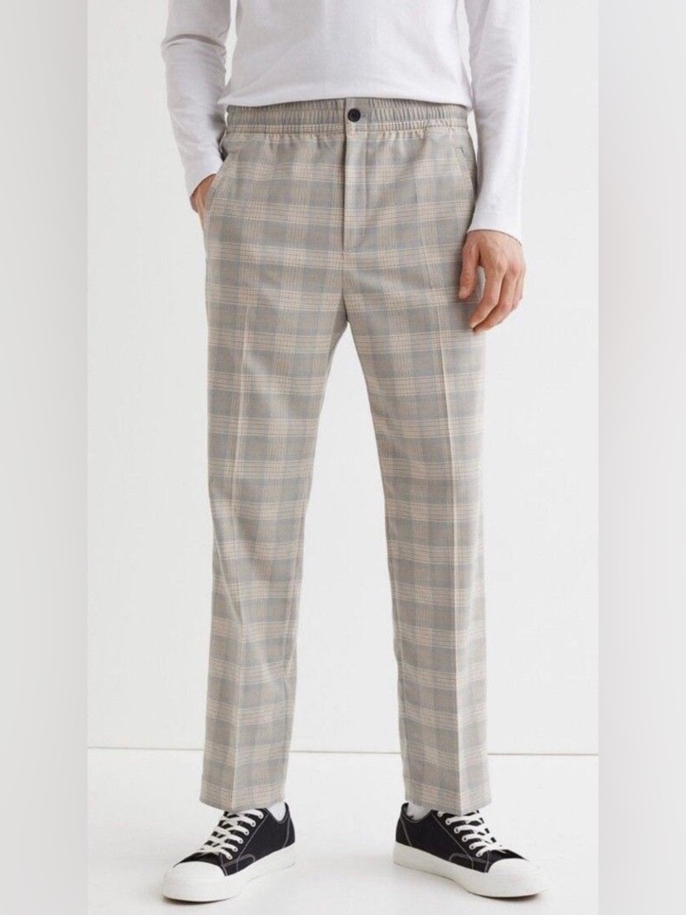 H&M Plaid Elastic Waist Pants Beige Grey Size Large